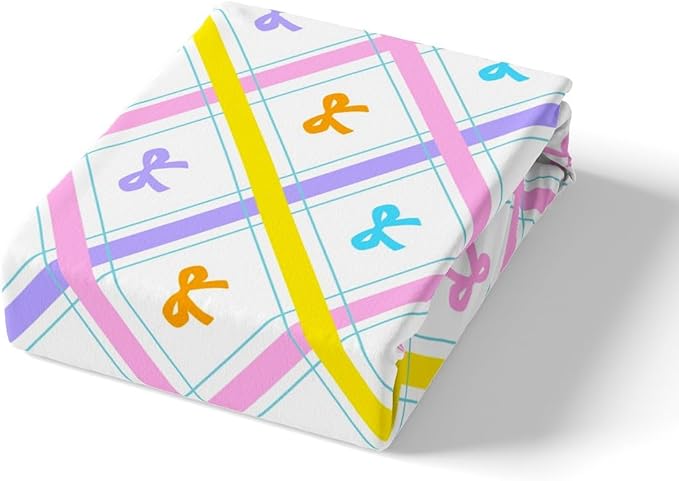 Cartoon Bowknot Fitted Sheet Queen Size Pink Purple Yellow Lines Striped Plaids Patchwork Bedding Sheet Set,Kawaii Princess Bow-tie Bed Cover Ultra Soft Breathable Bedding 3 Pcs