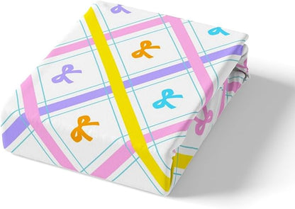 Cartoon Bowknot Fitted Sheet Queen Size Pink Purple Yellow Lines Striped Plaids Patchwork Bedding Sheet Set,Kawaii Princess Bow-tie Bed Cover Ultra Soft Breathable Bedding 3 Pcs