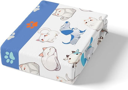 Kawaii Animal Fitted Bottom Sheet Twin Size,Cartoon Cat Puppy Cow Sheet Set Soft Polyester Bedding(No Top Sheet),Watercolor Paw Print Cute Dog Bed Cover(1 Fitted Sheet+1 Pillow Case)