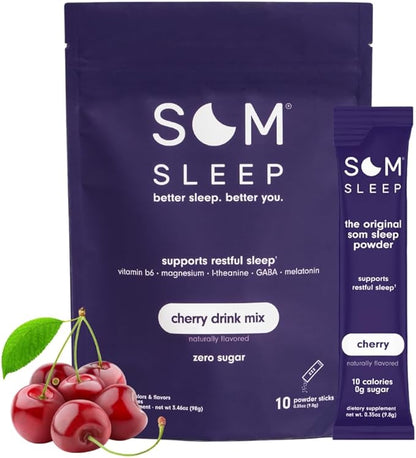 Som Sleep, Restful Sleep Powder Drink Mix w/Melatonin, Magnesium, Vitamin B6, L-Theanine & GABA – Vegan, Zero Sugar, Keto Friendly – Cherry, 20-Pack