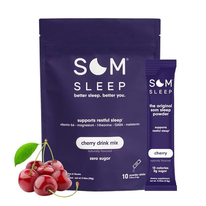 Som Sleep Zero Sugar Sleep Powder Drink Mix, Magnesium, L-Theanine, GABA, Melatonin (3mg), B6, Restful Sleep Support, Sleep Aid Supplement, Vegan, Non-GMO, Gluten-Free, 20 Stick Packs