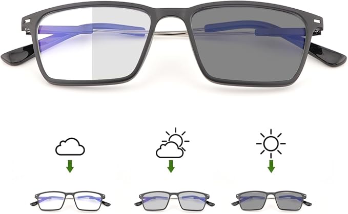 MIRYEA Blue Light Blocking Glasses Photochromic Gray Sunglasses for Men and Women Day Night Gaming TV Phones Computer Eyeglasses UV Protection Anti Glare Shade Lightweight Eyewear Full Rim Spectacles