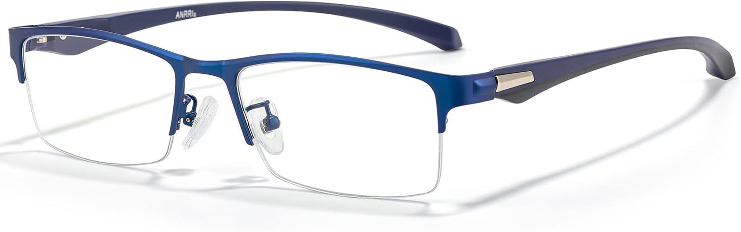 ANRRI Blue Light Glasses for Men Semi Rimless Rectangle Metal Frame UV Blocking Computer Glasses