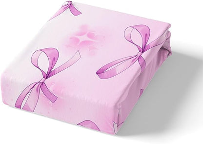 Cute Bowknots Fitted Sheet Queen Size Princess Bow-tie Kawaii Purple Starry Glitter Bedding Sheet Set,Girlish Bow Fairy Tale Theme Bed Cover Ultra Soft Breathable Bedding 3 Pcs