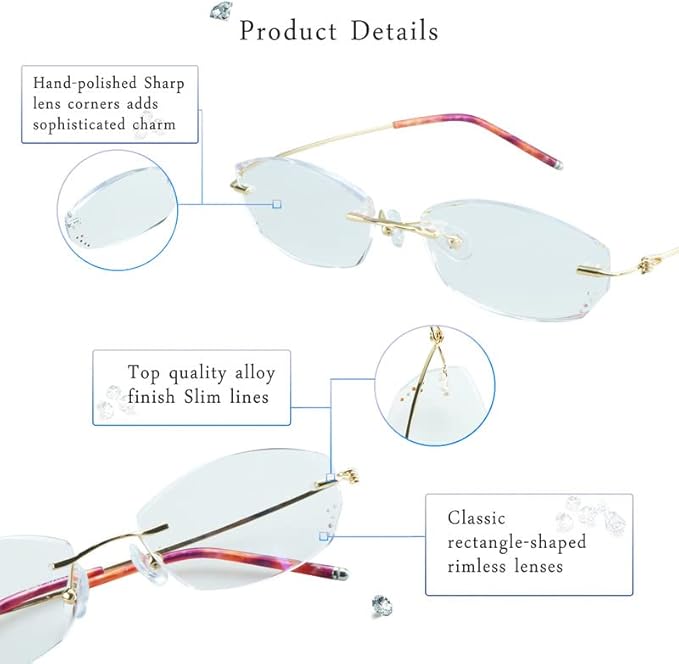 LifeArt Blue Light Blocking Glasses,Computer Reading Glasses,Rimless Frame Tinted Lens with Diamond,Stylish for Women (+2.50 Magnification)