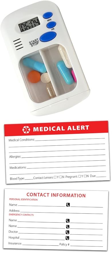 Divided Drawer Medication Pill Box Case with Timer Alarm and Bonus Medical Alert Card (1)
