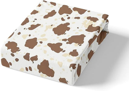 Rustic Cowhide Fitted Sheet Queen Size,Farmhouse Brown Beige Cow Fur Print Soft Bed Cover(1 Fitted Sheet+1 Pillow Case),Western Cowboy Animal Skin Graffiti Breathable Mattress Cover