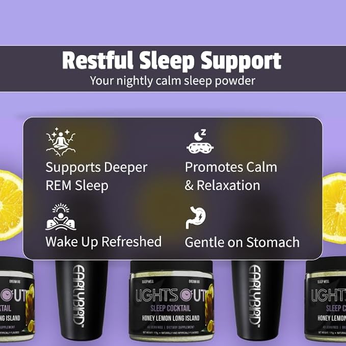 EarlyBird Lights Out Sleep Powder, Honey Lemon Calm Sleep Drink Mix with PharmaGABA, Magnesium & L-Theanin, Natural Sleep Aid for Adults, Calming Drink Mix for Relaxation & Deeper Sleep, 45 Scoops