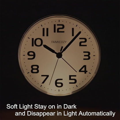 FAMICOZY Automatically Backlighted Alarm Clock,Silent No Ticking for Seniors Vision Impaired,Easy to Set,Big Numbers,Ascending Alarm,Gentle Wake,Snooze,2 AA Battery Operated,White
