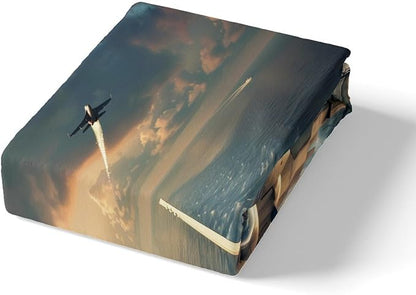Fighter Aricraft Kids Fitted Sheet Twin Size,Warplane Warship Aviation Airplane Modern Fashion Bedding Set,Boys Men Room Decor,Sea Surface Sunset Bed Cover,Grey Bed Sheet,1 Pillowcase