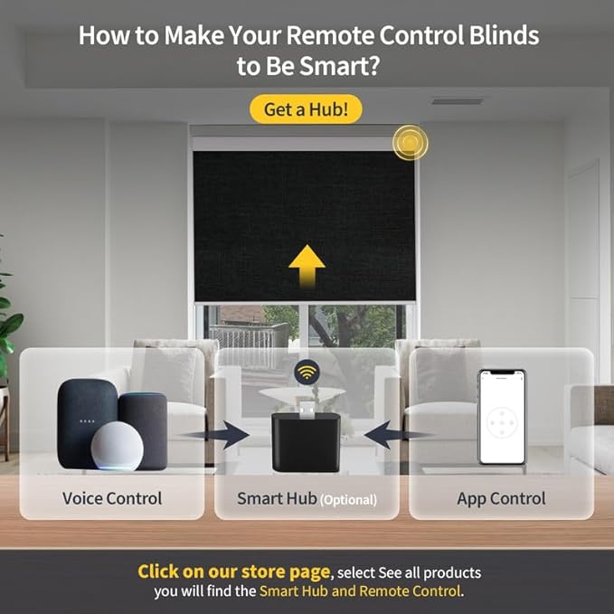 Motorized Blinds with Remote, Grasscloth Fabric Smart Blinds with Valance Cover, Cordless Automatic Roller Shades, Blackout Electric Blinds for Windows,Black 27" W x 72" H