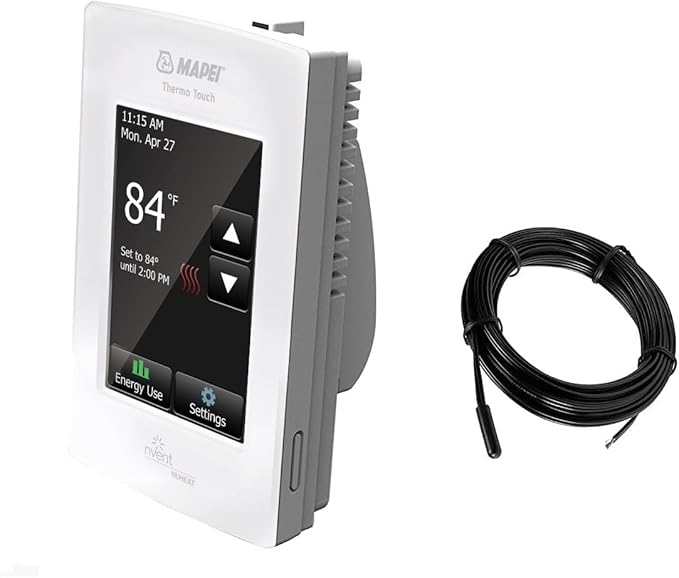 Mapei 2855201 Programmable Touchscreen Thermostat for Home, for Radiant Heated Floors, 120V/240V Cables with an Extra OJ Electronics Floor Temperature Sensor and Built-in GFCI for Bathroom and Kitchen