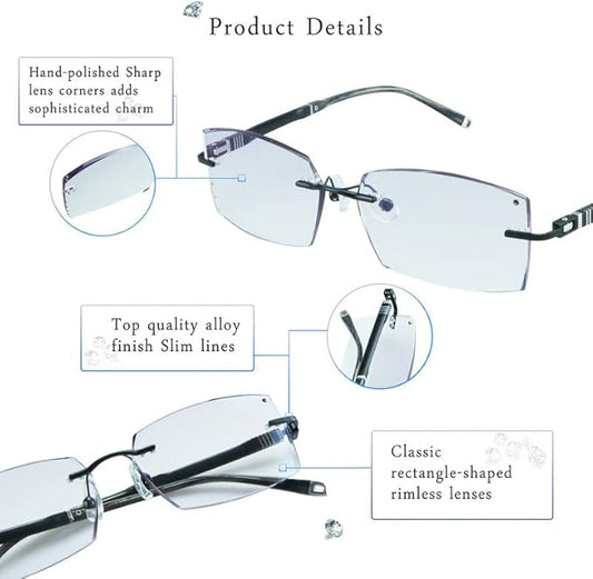 LifeArt Blue Light Blocking Glasses,Computer Reading Glasses,Rimless Frame Tinted Lens with Diamond,Stylish for Men (+1.50 Magnification)