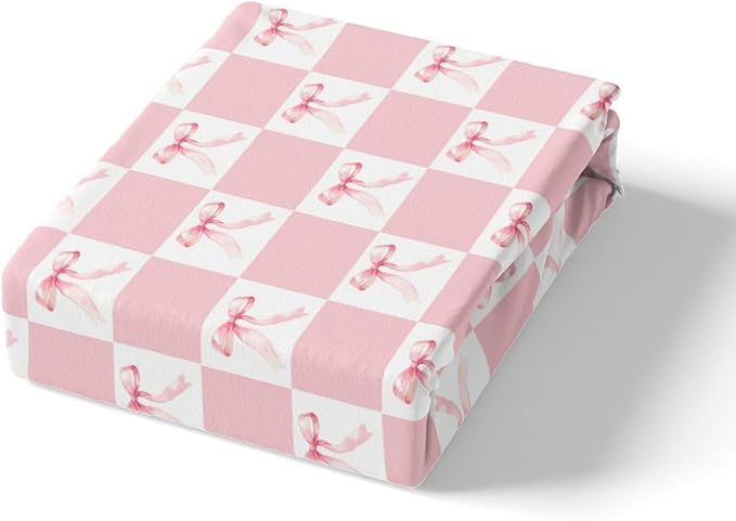 Manfei Pink Bowknot Bedding Set Twin Size Dreamy Bow Geometric Plaids Patchwork Bed Set for Teens Kids Sheet Princess Style Bow-tie Girly Pink White Bed Cover(1 Fitted Sheet+1 Pillow Case)