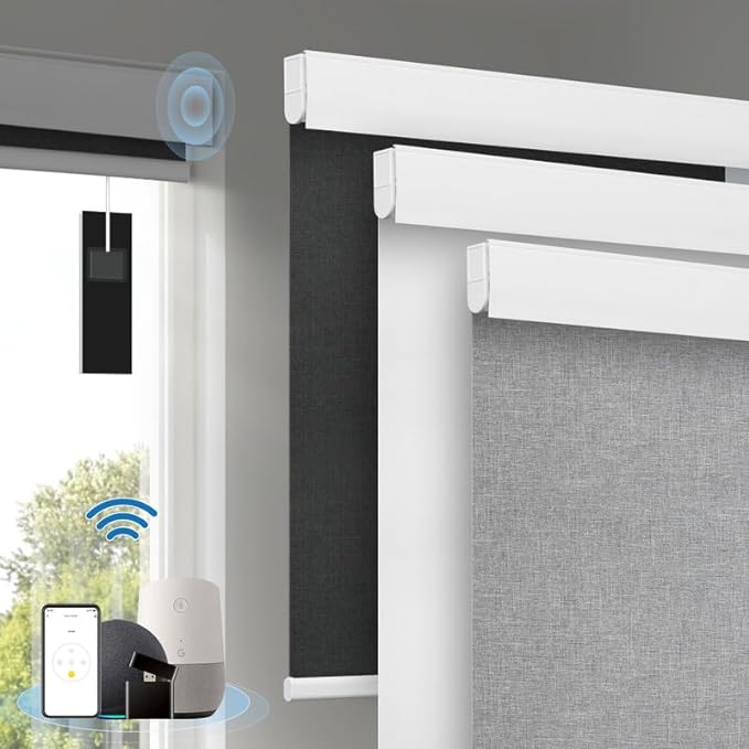 Motorized Blinds with Remote, [Free Solar Panels] Cordless Smart Blinds with Valance Cover, Blackout Electric Blinds with Remote Control, Automatic Roller Shades for Windows Light Gray 29" W x 72" H