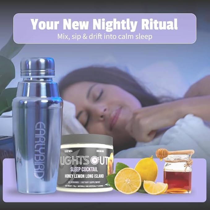 EarlyBird Lights Out Sleep Powder, Honey Lemon Calm Sleep Drink Mix with PharmaGABA, Magnesium & L-Theanin, Natural Sleep Aid for Adults, Calming Drink Mix for Relaxation & Deeper Sleep, 45 Scoops