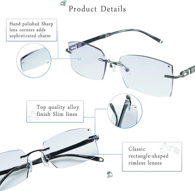 LifeArt Blue Light Blocking Glasses,Computer Reading Glasses,Rimless Frame Tinted Lens with Diamond,Stylish for Men (+3.00 Magnification)