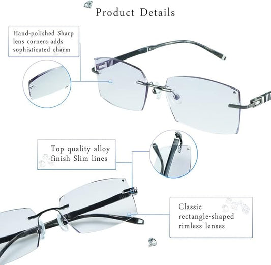 LifeArt Blue Light Blocking Glasses,Computer Reading Glasses,Rimless Frame Tinted Lens with Diamond,Stylish for Men (+3.50 Magnification)