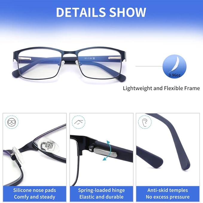 Reading Glasses for Men - 3 Pack Blue Light Blocking Men's Metal Readers