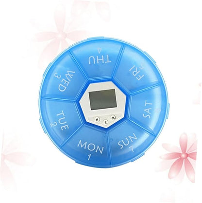 Mikinona Electronic Pill Dispenser with Alarm Clock Weekly Medication Organizer Box for Patients Blue Reminder Case with See-Through Lids for Easy Daily Medicine Management