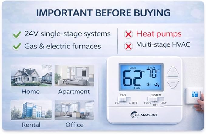 Non-Programmable Thermostat (Batteries Included) for Home 1 Heat/1 Cool Conventional Single-Stage Systems Blue Backlight (DIY Friendly)