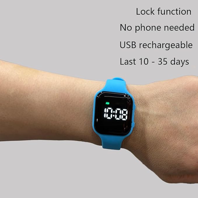 Water Resistant Potty Training Watch Rechargeable Vibrating Alarm Reminder Watch Silent Wake Up Wristband - with Lock (Blue)