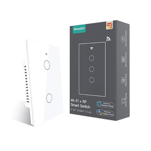 MoesGo 2nd Generation WiFi RF433 Smart Touch Wall Single Fire Smart Switch，No Neutral Wire Needed,Compatible with Smart Life/Tuya App, Works with Alexa and Google Home Single Pole 110V White 2 Gang