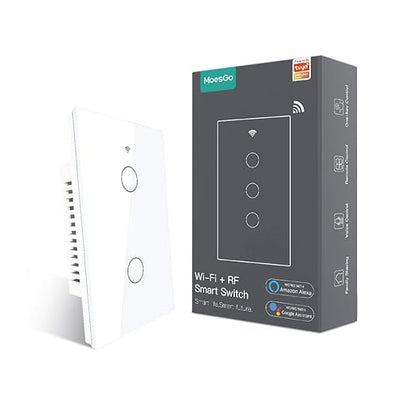 MoesGo 2nd Generation WiFi RF433 Smart Touch Wall Single Fire Smart Switch，No Neutral Wire Needed,Compatible with Smart Life/Tuya App, Works with Alexa and Google Home Single Pole 110V White 2 Gang