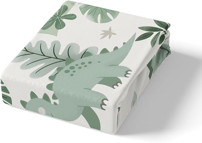 Cartoon Dinosaur Kids Fitted Sheet Twin Size,Palm Leaves Tropical Plants Botanical Bedding Set,Boys Girls Room Decor,Cute Dinosaur Retro Animals Bed Cover,Green Bed Sheet,1 Pillowcase