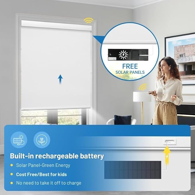 Motorized Blinds with Remote, [Free Solar Panels] Cordless Smart Blinds with Valance Cover, Blackout Electric Automatic Roller Shades for Windows White 45" W x 72" H
