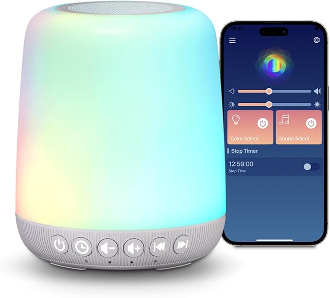 White Noise Machine Easysleep Baby Sound Machine for Sleeping with 12 Night Light Colors 30 Soothing Sounds 4 Timer Portable Sleep Machine for Baby Adults, Smart App Control, Touch Control