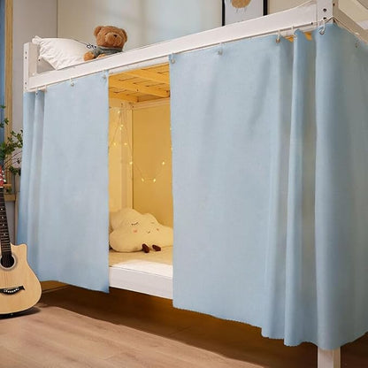 2PCS Blackout Bed Curtains with Accessories Solid Color Single Loft Canopy Kids Student Blue