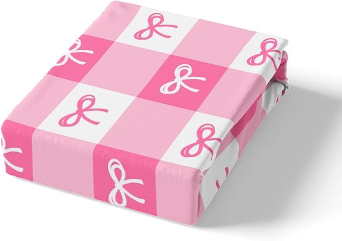 Kawaii Bow Bed Cover(1 Fitted Sheet+1 Pillow Case),Dreamy Princess Bowknot Hand Graffiti Bedding Set for Kids Girls,Geometric Pink White Stripes Plaids Patchwork Sheet Set,3Pcs Full Size