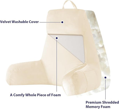 Back Pillow for Bed Sitting up, Reading Pillow for Sitting in Bed Adult, Back Support Pillow, Memory Foam Sit up Lounge Backrest Pillow with Arms for TV, Couch, Chair, Dorm, 24 Inch, Beige