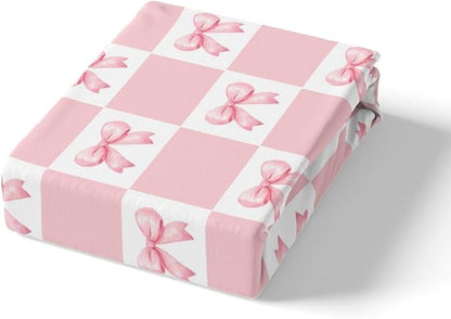 Princess Bowknots Bed Sheet Set Home Decor Pink Bow-tie Dreamy Bow Girlish Sheet Sets Deep Pocket,Geometric Grids Plaids Patchwork Pink White Mattress Cover,Twin Size with 1 Pillowcase