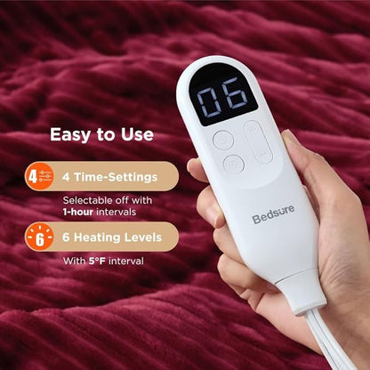 Bedsure GentleSoft Heated Blanket Throw - Soft Ribbed Flannel Electric Blanket, Heating with 4 Time Settings, 6 Heat Settings, and 3 hrs Timer Auto Shut Off, Gifts for Grandma (50x60 inches, Burgundy)