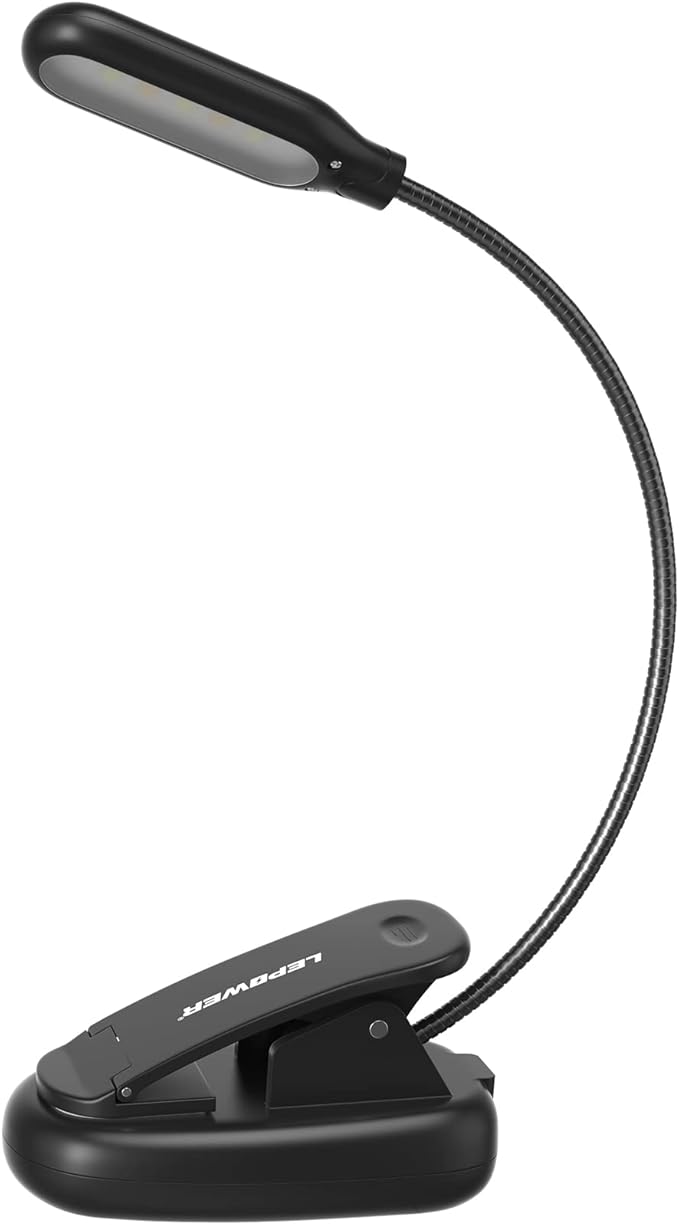 LEPOWER Clip-on Book Light with 5 LED Eye Care, 3 Color Changeable, Portable Reading Lamp, Battery & USB Operated, Bed Light for Kids, Bookworms, Students (Black)