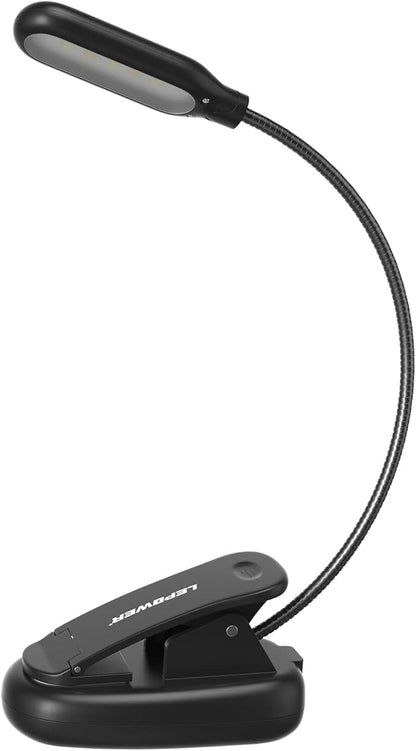 LEPOWER Clip-on Book Light with 5 LED Eye Care, 3 Color Changeable, Portable Reading Lamp, Battery & USB Operated, Bed Light for Kids, Bookworms, Students (Black)