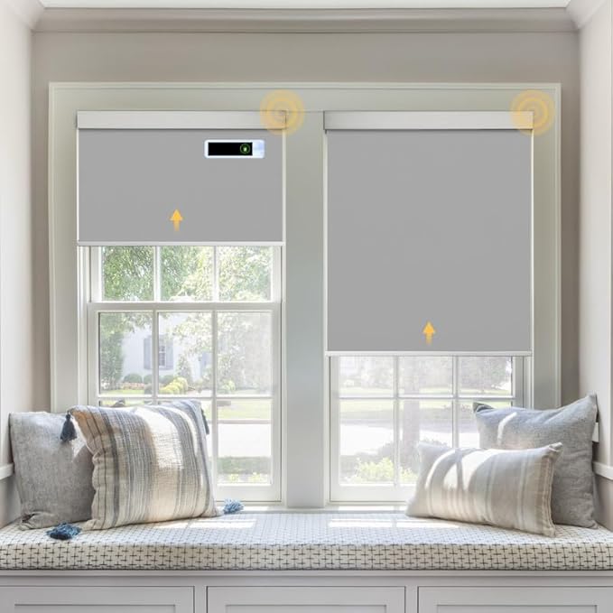 Motorized Blinds with Remote, Blackout Cooling Automatic Shades with Solar Panel Cordless Smart Blinds for Windows, Custom Electric Blinds Horizontal Roller Shades,White,34¾" W X 72" H
