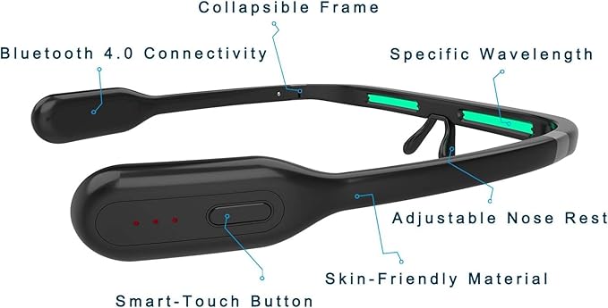 Pegasi 2 - Smart Light Therapy Glasses, Improve Your Sleep in 7 Days, Feather-Light, Research-Backed Blue-Green Light, Boost Energy, Beat Jet Lag (Black)