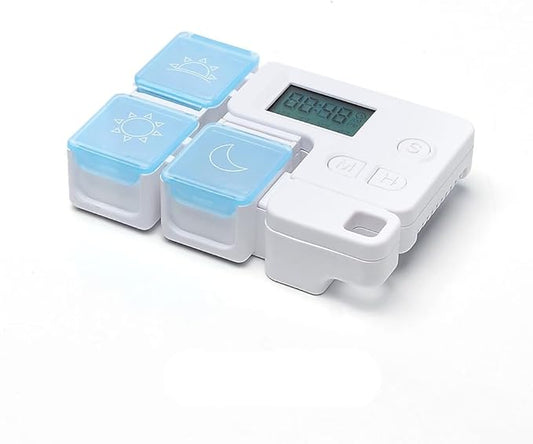 Automatic Pill Dispenser with Built-in Digital Clock & Reminder System Portable 7-Compartment Medicine Organizer with Flexible Design (Blue, 3Compartments)
