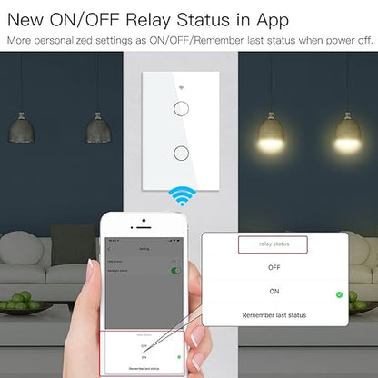 MOES Touch Wall Single Live Wire Smart Switch，No Neutral Wire Needed, 2.4GHz WiFi RF433 Light Switch Works with Smart Life/Tuya App, Alexa and Google Home, Single Pole 110V, White 2 Gang