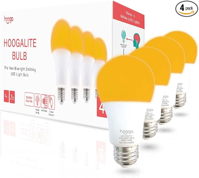 hooga Sleep Light Bulb, Amber Light Bulbs for Sleep Therapy, Blue Light Blocking, 1600K Dim Light Bulbs 7W Equivalent, Mood Soothing Light, E26 A19 Warm Light Bulbs for Bedroom, Nursery, 4 Pack.