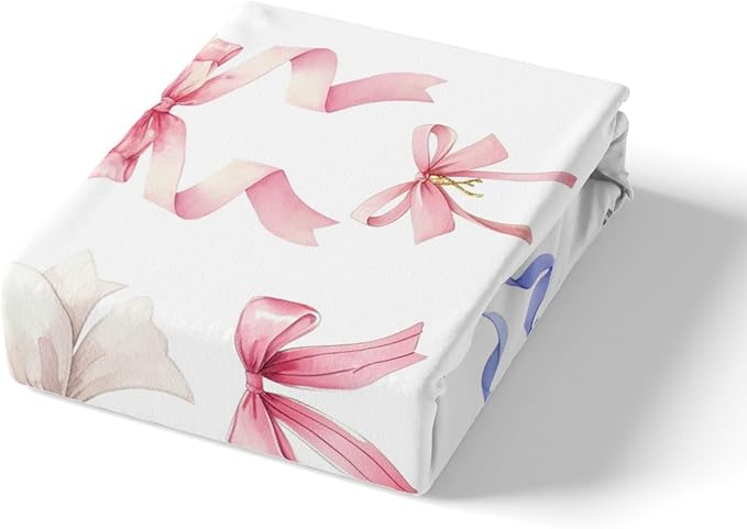 Bowknot Fitted Sheet Queen Size Colorful Bow-tie Princess Style Bedding Sheet Set,Dreamy Fairy Tale Theme Girly White Bed Cover Ultra Soft Breathable Bedding 3 Pcs