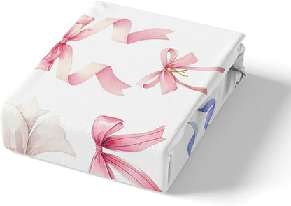 Bowknot Bedding Set Twin Size Colorful Bow-tie Princess Style Bed Set for Teens Kids Sheet Dreamy Fairy Tale Theme Girly White Bed Cover(1 Fitted Sheet+1 Pillow Case)