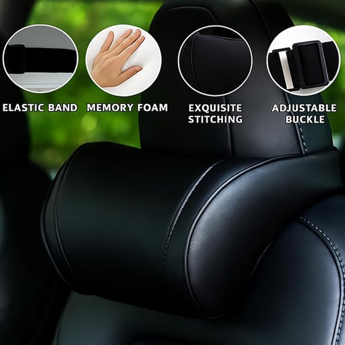 Car Headrest Neck Pillow Support Memory Foam Ergonomic Design Accessory for Driving Seat Fatigue Relief Compatible with Model S X 3 Y & Cybertruck - 2 Pieces