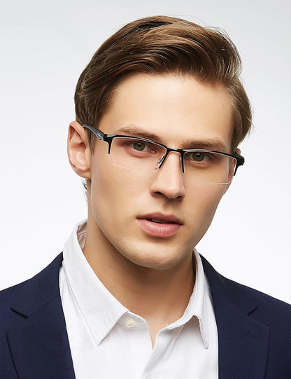 Blue Light Glasses for Men Semi Rimless Rectangular Computer Glasses Blue Blocker Anti Glare UV400 Protection Gaming Eyeglasses (Comfortable Black Metal Eyeglasses)
