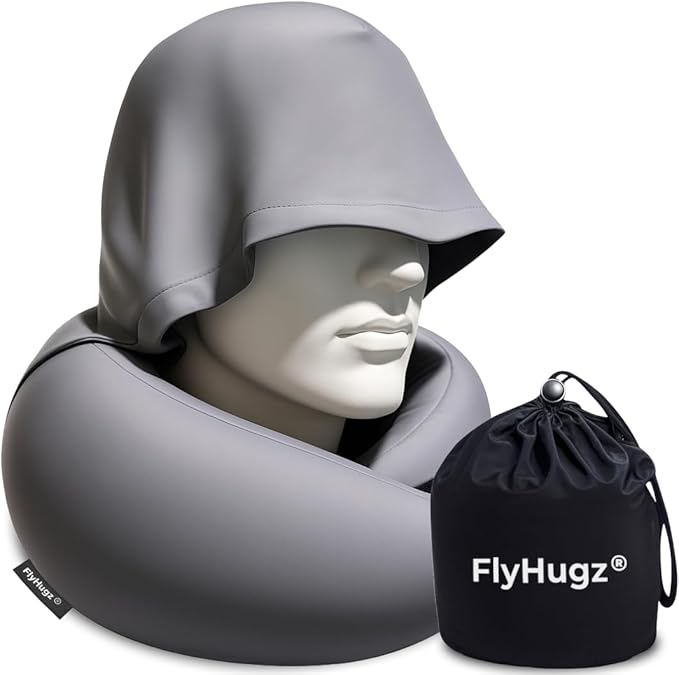 FlyHugz® 2.0 Hooded Travel Pillow – 2026 Original Release – Memory Foam Neck Pillow with Adjustable Hood & Premium Elastic Washable Cover – First Class Comfort for Flights, Road Trips & Sleep-Gray.