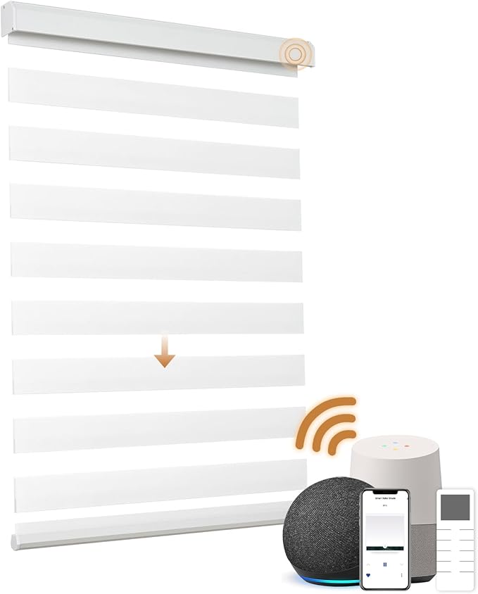Motorized Zebra Blinds, Cordless Blackout Window Shades with Remote, Custom Dual Layer Smart Roller Shades Compatible with Alexa Google Assistant, Automatic Light Filtering Blinds,White