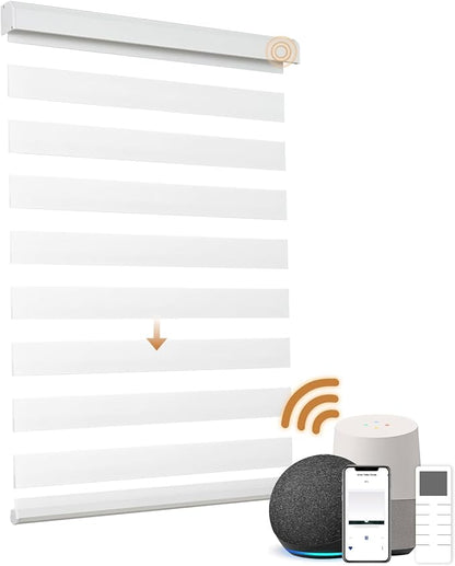 Motorized Zebra Blinds, Cordless Blackout Window Shades with Remote, Custom Dual Layer Smart Roller Shades Compatible with Alexa Google Assistant, Automatic Light Filtering Blinds,White